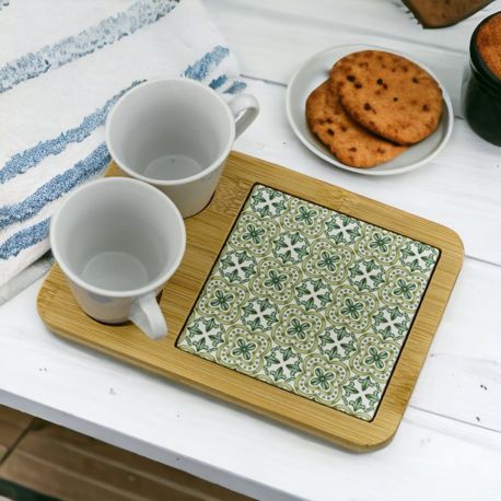 REGALA UN RAFFINATO SET 2 TAZZINE CAFFE' CON VASSOIO-LEGNO E CERAMICA