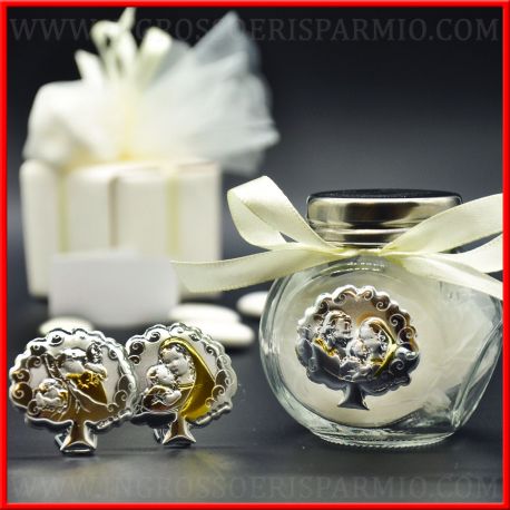 VASETTI VETRO BOMBONIERE CON SACRA FAMIGLIA, MATERNITA' E ANGELO PER COMUNIONE, BATTESIMO , CRESIMA