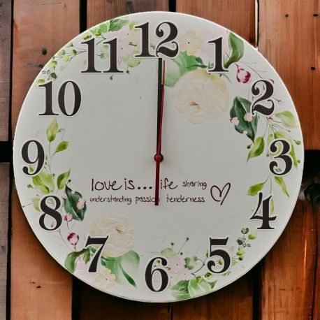 OROLOGIO DA PARETE CON DECORAZIONE FLOREALE E FRASE "LOVE IS...LIFE SHARING"