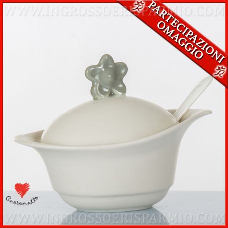 BOMBONIERE UTILI ZUCCHERIERA CUOREMATTO CERAMICA BIANCA SOLIDALE MATRIMONIO COLLEZIONE 2018