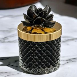 CANDELA CON TAPPO E ORO FIORE NERO, IDEA BOMBONIERA ELEGANTE E RAFFINATA