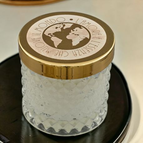 PORTACANDELA CON SCRITTA "L'AMORE E' L'ESSENZA CHE MUOVE IL MONDO" E PLANISFERO color ORO