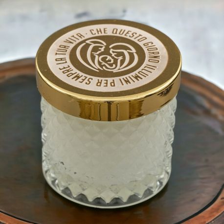 PORTACANDELA EFFETTO DIAMOND CON TAPPO CON RAFFIGURAZIONE SACRA FAMIGLIA STILIZZATA