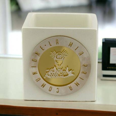 PORTACANDELA CON CALICE E OSTIA E SCRITTA "LA MIA PRIMA COMUNIONE"