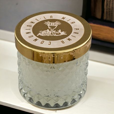 PORTACANDELA IN VETRO CON COPERCHIO SIMBOLI SACRI PRIMA COMUNIONE