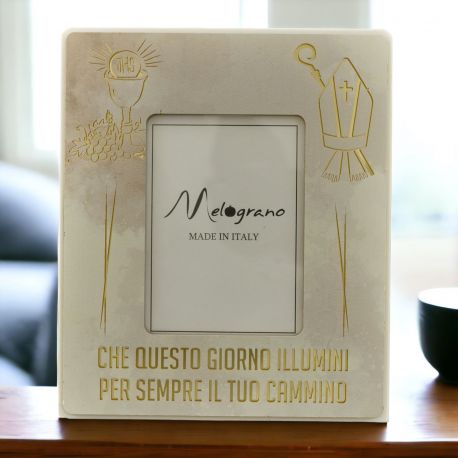 PORTAFOTO COMUNIONE E CRESIMA CON SIMBOLI SACRI E FRASE RELIGIOSA