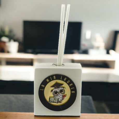 DIFFUSORE ESSENZA NERO CON SCRITTA ORO LA MIA LAUREA E GUFETTO CON TOCCO