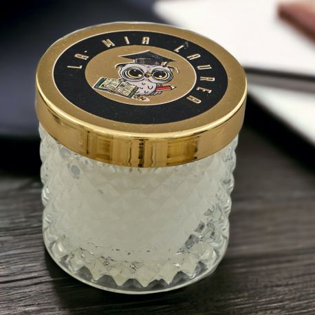 PORTACANDELA IN VETRO CON TAPPO CON SCRITTA LA MIA LAUREA E GUFO CON TOCCO