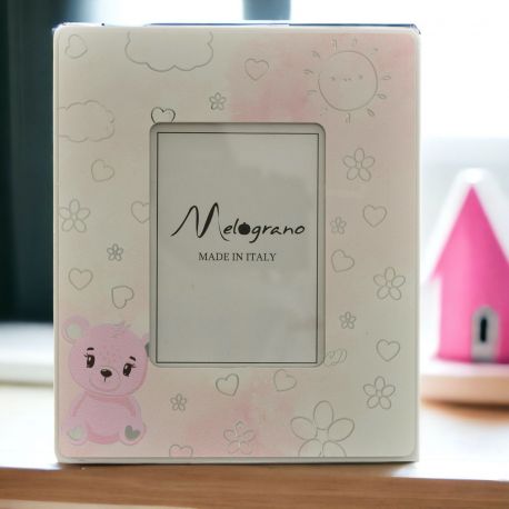 BOMBONIERA PORTAFOTO ORSETTO ROSA PER BATTESIMO PRIMO COMPLEANNO BIMBA