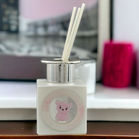 BOMBONIERA DIFFUSORE ESSENZA ORSETTO ROSA PER BATTESIMO E 1° COMPLEANNO
