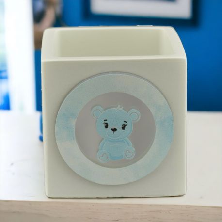 VASO PORTAPIANTE ORSETTO CELESTE PER BATTESIMO E PRIMO COMPLEANNO