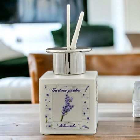 DIFFUSORE ESSENZA DECORATO CON FIORELLINI DI LAVANDA E DEDICA