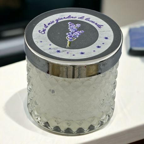 PORTACANDELA VETRO EFFETTO DIAMANTE, DECORATA CON LAVANDA E FRASE
