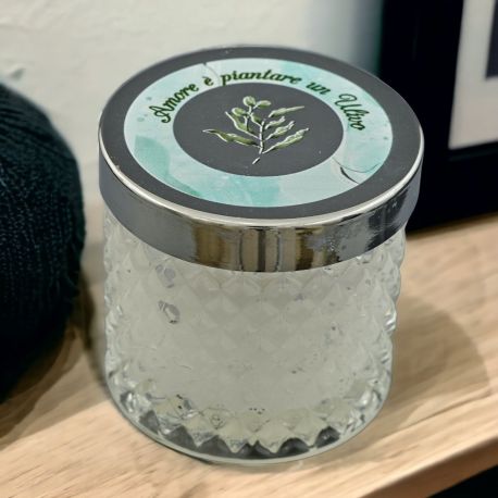 CANDELA E PORTACANDELA CON RAMOSCELLO DI ULIVO E FRASE "AMORE È PIANTARE UN ULIVO"