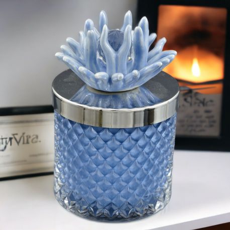 CANDELA E PORTACANDELA IN VETRO CON CORALLO BLU