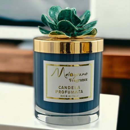 CANDELA PROFUMATA CON PORTACANDELA E ROSA IN CAPODIMONTE VERDE
