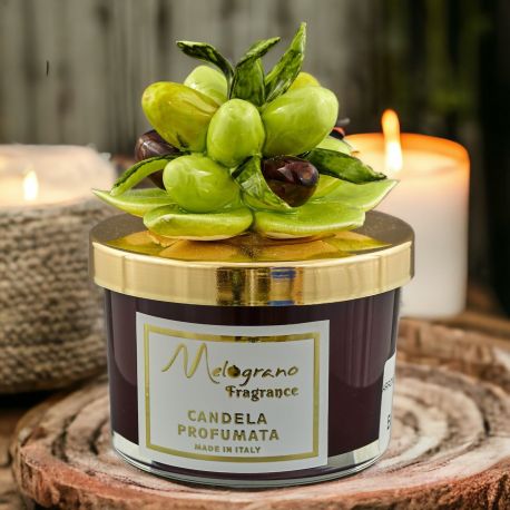 CANDELA PROFUMATA CON DECORAZIONE RAMOSCELLO DI ULIVO