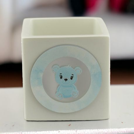 PORTACANDELA CON ORSETTO CELESTE PER BATTESIMO E PRIMO COMPLEANNO