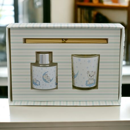 DIFFUSORE ESSENZA CON PORTACANDELA DECORATI CON TENERI ORSETTI SULLA NUVOLA O SU LUNA CELESTE