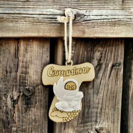 APPENDINO "COMUNIONE" IN LEGNO E GESSO CON CALICE E OSTIA