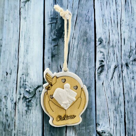 APPENDINO CRESIMA CON SIMBOLI SACRI IN LEGNO E GESSO