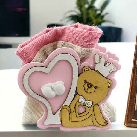SCATOLINA PORTACONFETTI ROSA CON ORSETTO E PIEDINI BIMBA