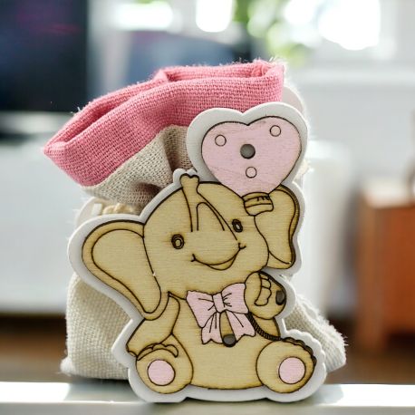 SCATOLINA ROSA IN LEGNO CON TENERO ELEFANTINO PER BIMBA NASCITA