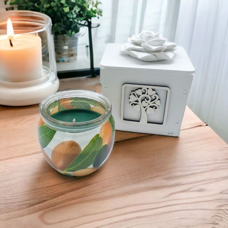 CANDELA PROFUMATA CON PORTACANDELA IN LEGNO CON ALBERO DELLA VITA
