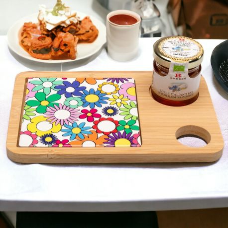 TAGLIERE CON BARATTOLO DI MIELE BIOLOGICO E PIASTRELLA FLOREALE