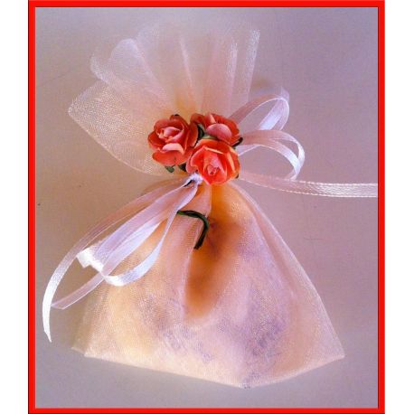 CONFETTATA "ROSA ANTICO / ARANCIO": FIORELLINI IN LEGNO, TULLE, CONFETTI E FIOCCHETTO CONFEZIONE