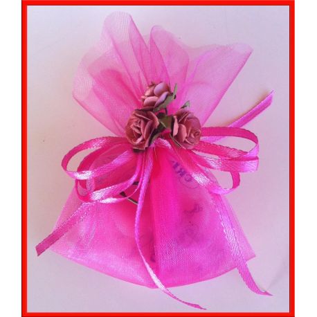 CONFETTATA "ROSA ANTICO / ARANCIO": FIORELLINI IN LEGNO, TULLE, CONFETTI E FIOCCHETTO CONFEZIONE