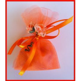 CONFETTATA "ARANCIONE": FIORELLINI IN TESSUTO ORGANZA, TULLE, CONFETTI E FIOCCHETTO CONFEZIONE BIMBO