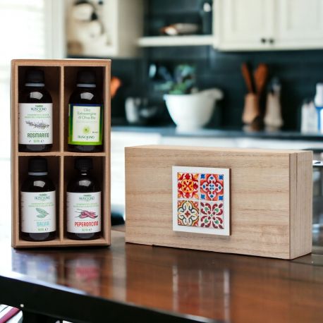 KIT DEGUSTAZIONE BOX IN LEGNO + 4 OLII AROMATIZZATI: IDEE ORIGINALI MATRIMONI ED ANNIVERSARI