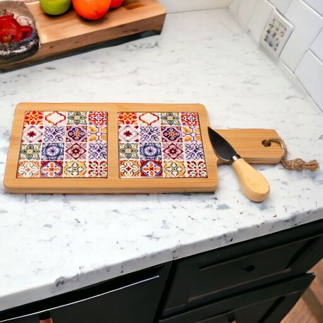 TAGLIERE FORMAGGI CON COLTELLINO CON DOPPIA MATTONELLA DECORAZIONI MAIOLICA