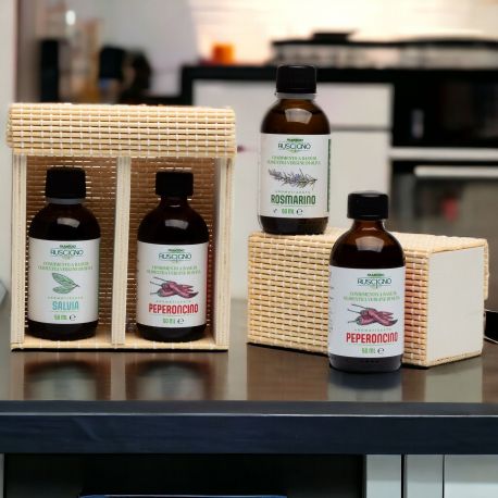 DUE FLACONI OLIO AROMATIZZATO BIOLOGICO IN ELEGANTE SCATOLA IN BAMBU, BOMBONIERE PARTICOLARI