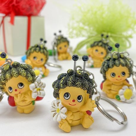 PORTACHIAVI COCCINELLA CON FIORE TRA LE MANI, PENSIERINI PORTAFORTUNA BIMBA