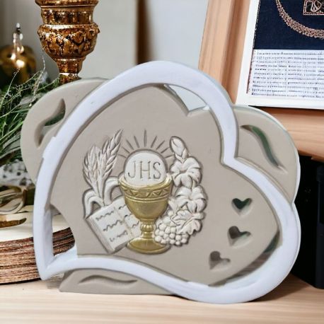 CUORE ICONA DA TAVOLO CON SIMBOLI COMUNIONE CALICE E OSTIA BOMBONIERE ONLINE