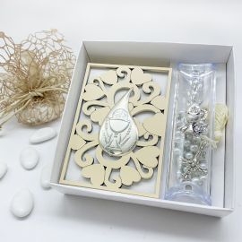 SET VANGELO CON SOVRACOPERTINA RIGIDA IN LEGNO E ROSARIO CON PORTA DECINA BOMBONIERE COMUNIONE CALICE E OSTIA