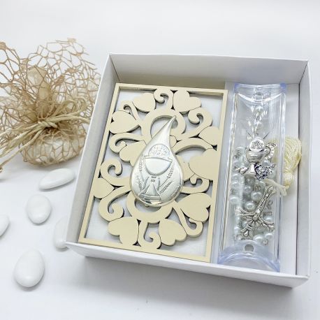 SET VANGELO CON SOVRACOPERTINA RIGIDA IN LEGNO E ROSARIO CON PORTA DECINA BOMBONIERE COMUNIONE CALICE E OSTIA