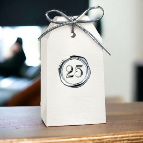 SCATOLINA CONFETTI NUMERO "25", SEGNAPOSTO ANNIVERSARIO NOZZE ARGENTO