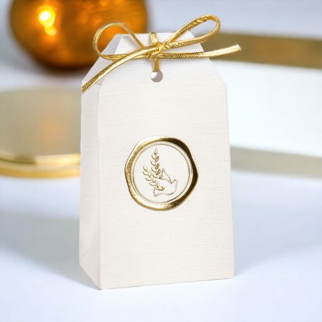 BUSTINA A FORMA DI TAG PORTACONFETTI CON SIMBOLO DI PACE COLOMBA CON RAMOSCELLO ULIVO