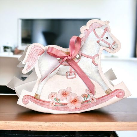 GRAZIOSA SCATOLINA A FORMA DI CAVALLO A DONDOLO ROSA, CONFETTATA NASCITA BIMBA