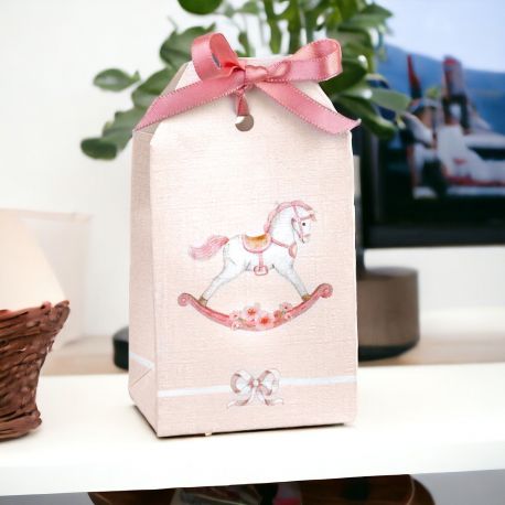 SCATOLINA TAG PORTACONFETTI CON TENERO CAVALLO A DONDOLO ROSA, PENSIERINI NASCITA BIMBA