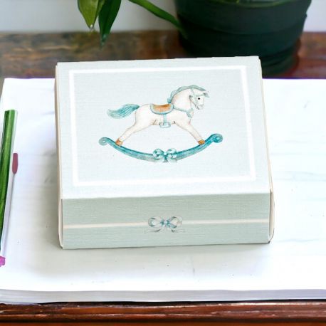 SCATOLINE PER CONFETTI CON COPERCHIO CON CAVALLO A DONDOLO, DOLCE CONFETTATA NASCITA MASCHIETTO