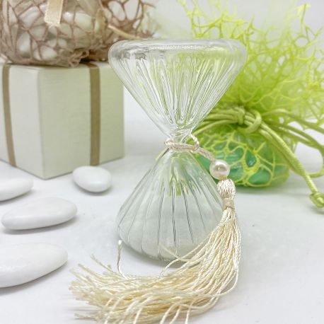 CLESSIDRA IN VETRO TRASPARENTE CON SABBIA BIANCA E NAPPINA PANNA PER EVENTI SPECIALI