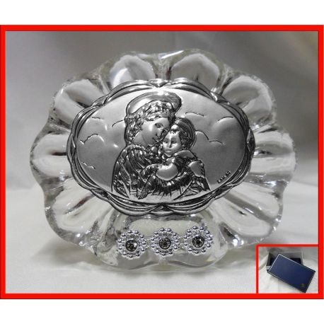 ICONA MADONNA CON GESU BAMBINO CRISTALLO CON PLACCA ARGENTO STOCK + SCATOLA