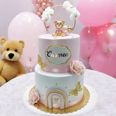 TORTA SCENOGRAFICA PERSONALIZZABILE CON ORSETTO E ARCOBALENO , NASCITA, BATTESIMO BIMBA