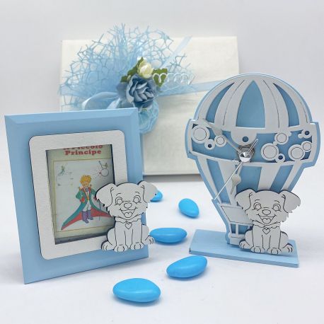 SET OROLOGIO MONGOLFIERA CON CAGNOLINO E PORTAFOTO BOMBONIERA PER BATTESIMO
