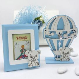 SET OROLOGIO MONGOLFIERA CON ORSETTO E PORTAFOTO BOMBONIERA BATTESIMO MASCHIETTO ORIGINALE ED ECONOMICA