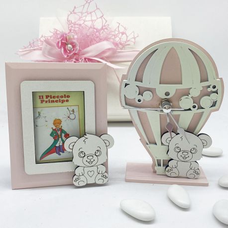 SET MONGOLFIERA CON ORSETTO OROLOGIO E PORTAFOTO IN LEGNO PER BATTESIMO FEMMINUCCIA